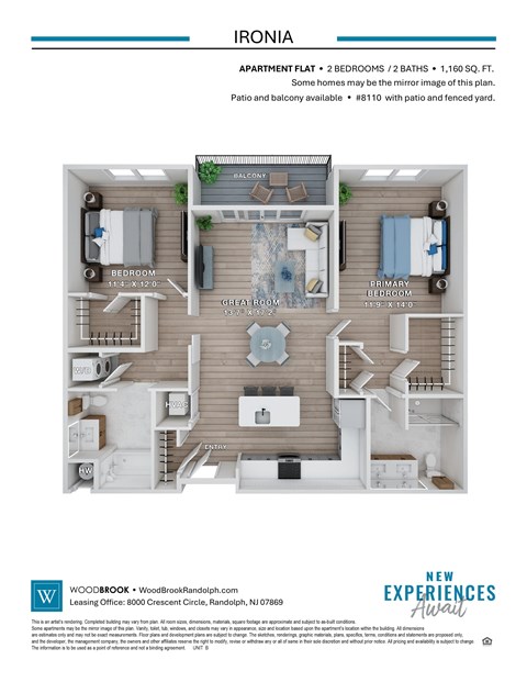 A floor plan of an apartment with a living room, bedrooms, and a balcony.